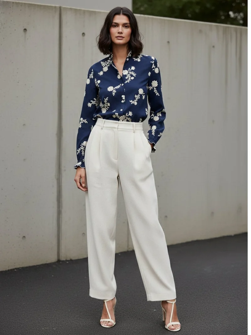 أوجيدر بلوزة مطرزة بأزرار أمامية وأكمام أسقفية باللون الكحلي